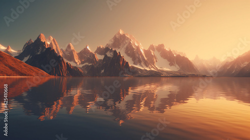 A breathtaking minimalist wallpaper of a majestic mountain range reflected in a crystal-clear lake. Golden hours. Generative IA. © NoOneSaid