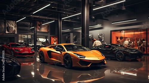 A shop selling luxury sports cars, showcasing sleek designs and superior performance. Generative AI photo