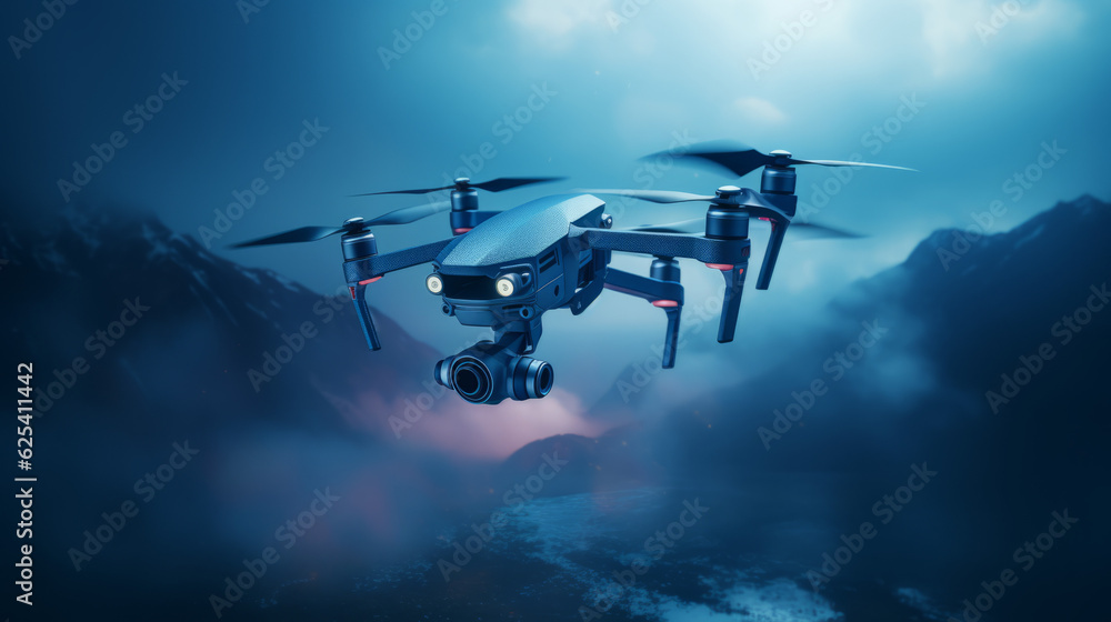 Naklejka premium A drone flying high in the sky, capturing aerial images and surveying landscapes, highlighting the use of technology in data collection.Background