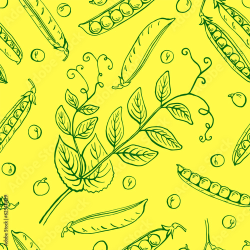 Seamless pattern with peas pods. Hand drawn vector illustration. Farm market product, vegetable.