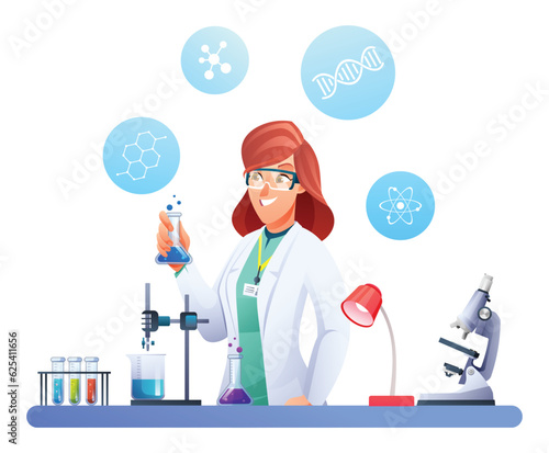 Female scientist conducting experiments in science laboratory. Vector illustration