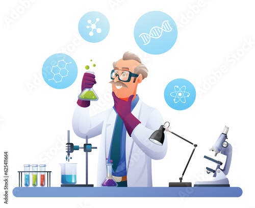 Scientist professor conducting experiments in science laboratory. Scientific research concept. Vector cartoon illustration