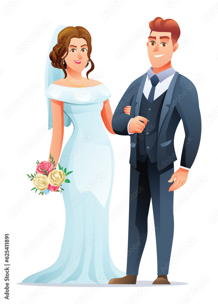 Wedding couple character of man and woman just married. Happy bridegroom in wedding dress with bouquet Wedding couple character of man and woman just married. Happy bridegroom in wedding dress with bouquet