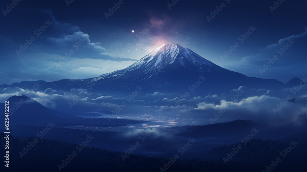 Mysterious bright light over Mt. Fuji in blue landscape at night