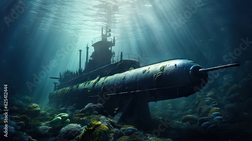 An imposing war submarine, submerged and ready for covert operations. Generative AI