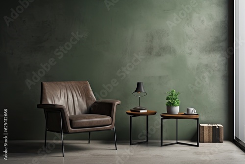 In a minimalist living room interior, there is a dark armchair with upholstery, along with an industrial side table placed nearby. On the table, there is a tea kettle and a cup. Additionally, within