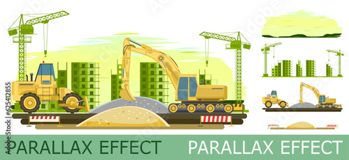 Construction of microdistrict of city. Tractors and excavators. set of slides create parallax image layer. Cartoon style. Isolated on white background. Vector.