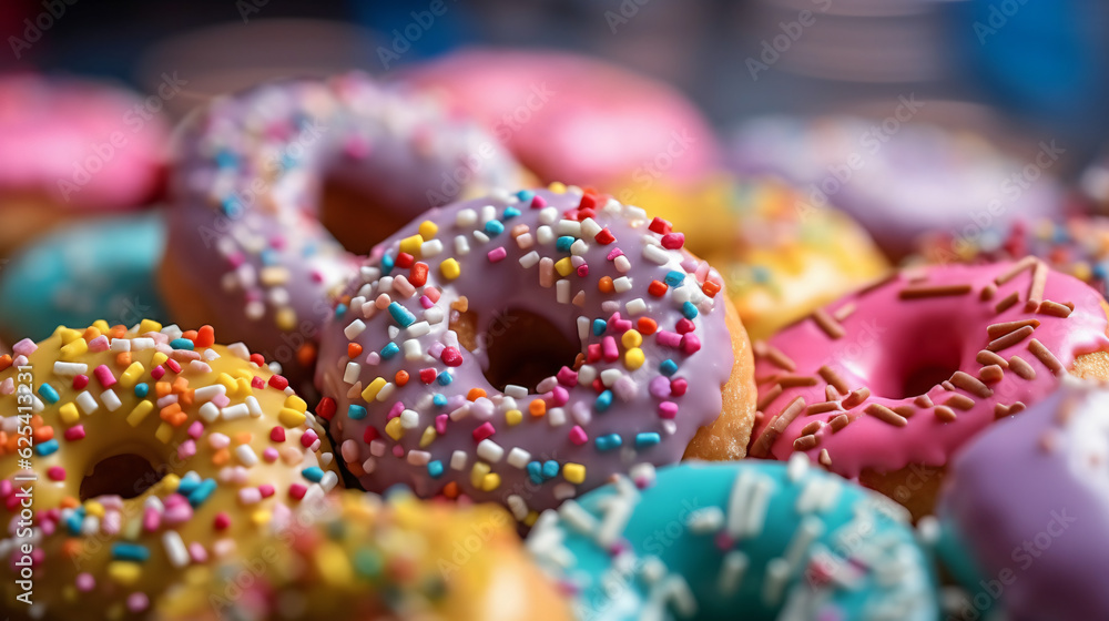 Closeup of donuts with sprinkles. Food Background. Generative Ai.