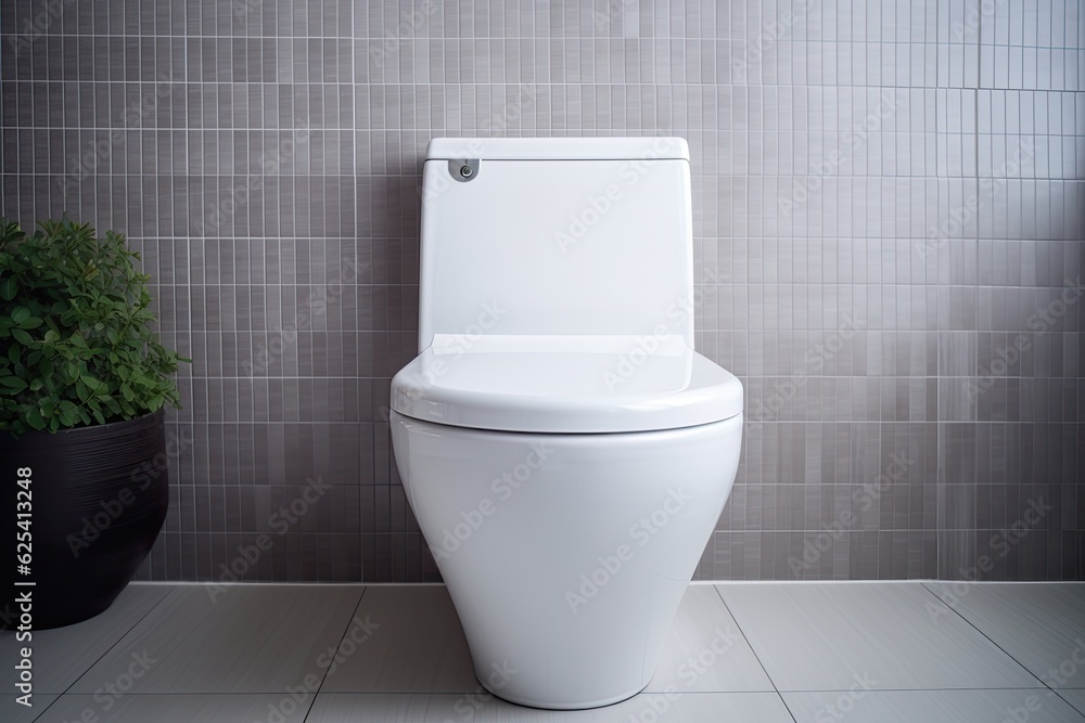 A white toilet made of ceramic, with its lid closed, is mounted on a tiled wall in a brightly lit bathroom with a stylish interior design at a residential property. A white toilet made of ceramic, with its lid closed, is mounted on a tiled wall in a brightly lit bathroom with a stylish interior design at a residential property.