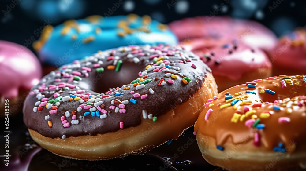 Closeup of donuts with sprinkles. Food Background. Generative Ai. Closeup of donuts with sprinkles. Food Background. Generative Ai.