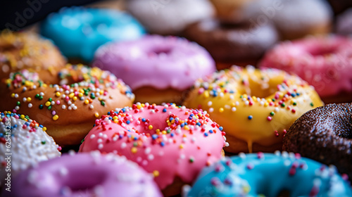 Closeup of donuts with sprinkles. Food Background. Generative Ai.