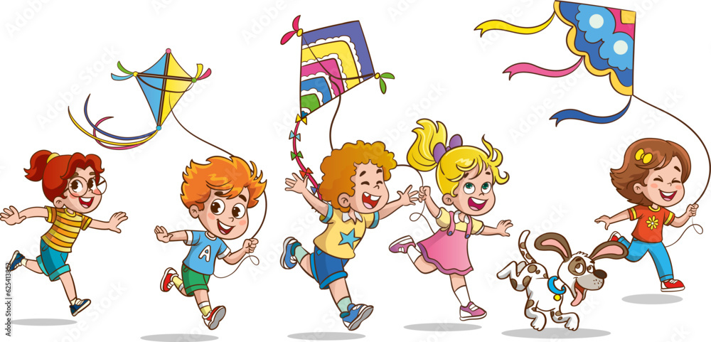 kids flying kites cartoon vector 