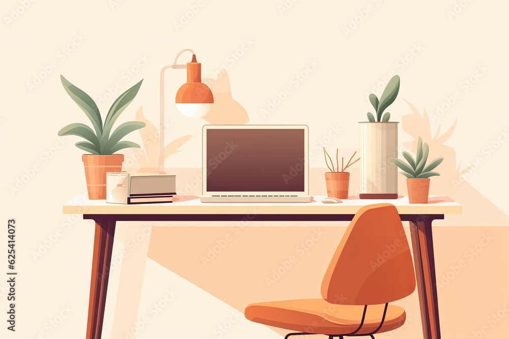 Fototapeta premium A home setup featuring a desk adorned with a laptop and some potted plants.
