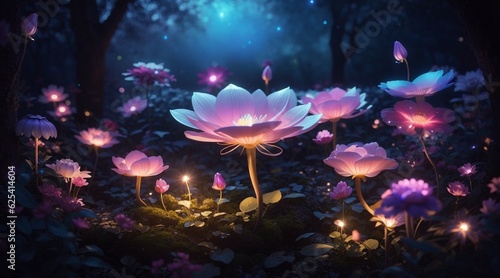 fairy forest at night fantasy glowing flower   AI Generated image 