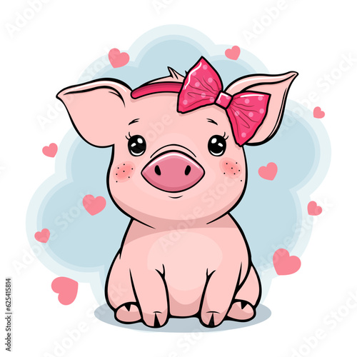 Cute baby pig girl with a bow character on white background. Vector illustration.