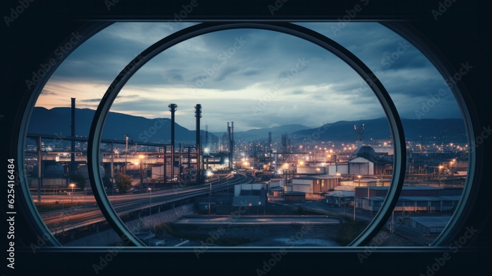 Fototapeta premium a large circular window overlooking a sprawling manufacturing plant, the window frames the bustling industrial scene.