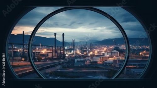 a large circular window overlooking a sprawling manufacturing plant, the window frames the bustling industrial scene.