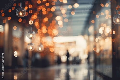 The shopping malls background seems to be blurred in the abstract image, with a soft focus on the light bulbs that create a beautiful bokeh effect. The presence of flare lights enhances the overall