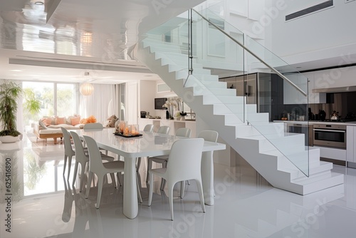 Billede på lærred A kitchen and dining room that are both white in color, featuring an epoxy floor with a glossy white finish