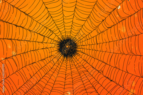 Black spider web on thinly spider web and orange background