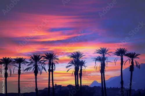 A row of tropical palm trees against a dramatic sunset sky. Gradient color. Silhouette of tall palm trees. Tropical evening landscape. Beautiful tropical nature