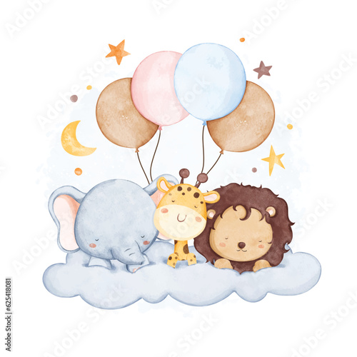Watercolor illustration cute safari animals sleep on cloud with stars and balloons