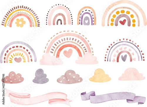 Watercolor illustration set of boho rainbow clouds and ribbon banner