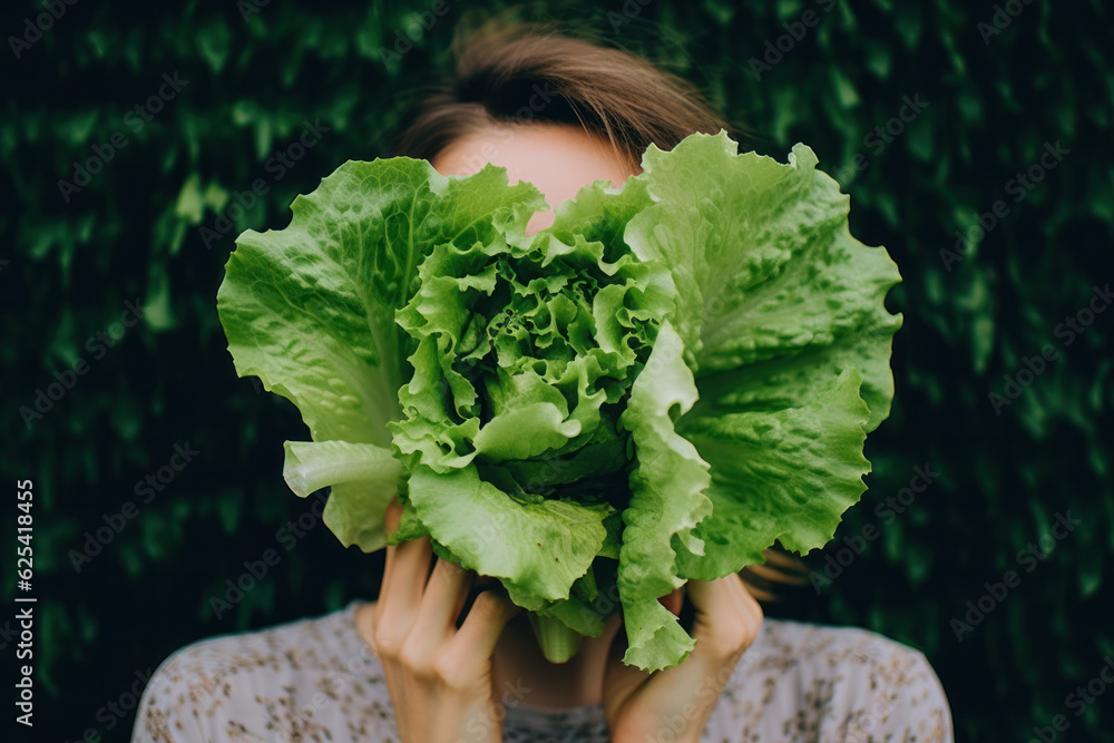 Portrait of woman with face hidden by lettuce .
