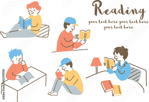 色々な場所で読書をする少年たちのセット_色