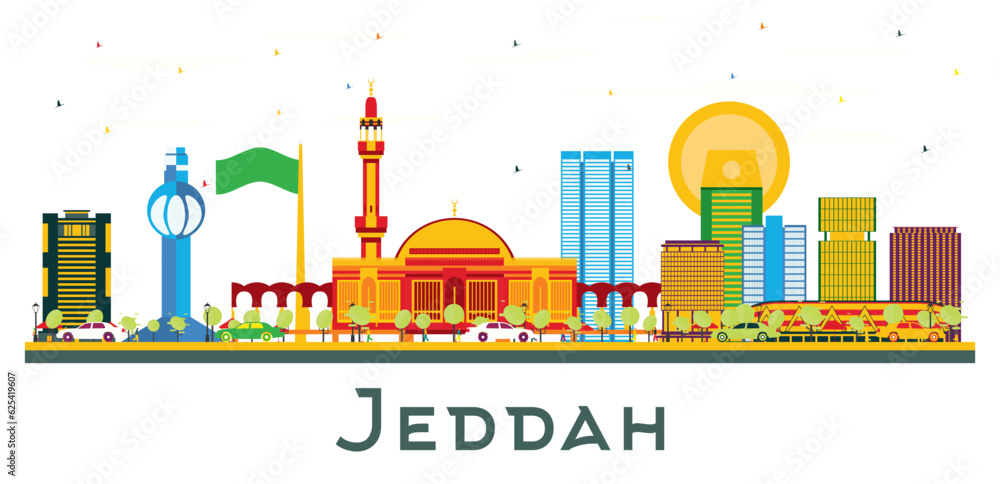 Jeddah Saudi Arabia City Skyline with Color Buildings Isolated on White. Jeddah Saudi Arabia City Skyline with Color Buildings Isolated on White.