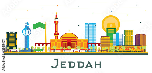 Jeddah Saudi Arabia City Skyline with Color Buildings Isolated on White.
