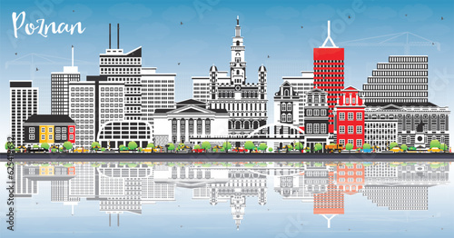 Poznan Poland City Skyline with Color Buildings, Blue Sky and Reflections.