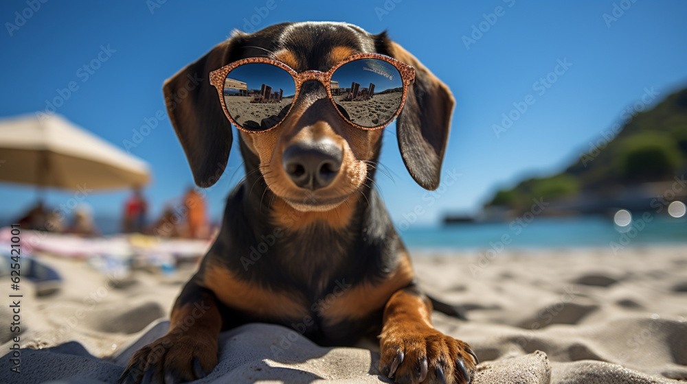 Entspannter Dackel: Sonnenbrillen-Stil am Strand