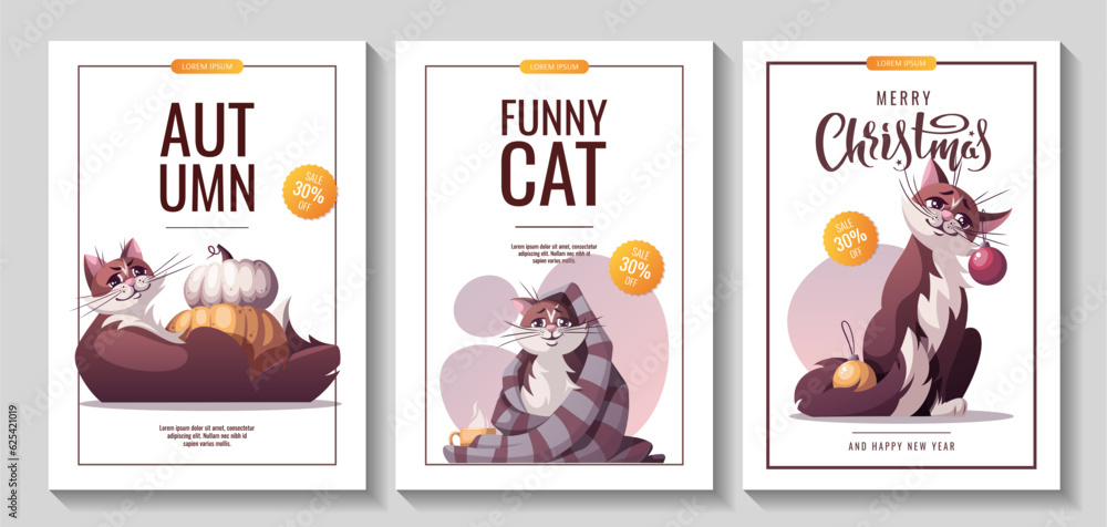 Set of flyers with cat and pumpkins, cat sitting with blanket and teacup, cat and christmas balls. Pet, kitty, domestic life, animal concept. Vector illustration for banner, promo, sale.