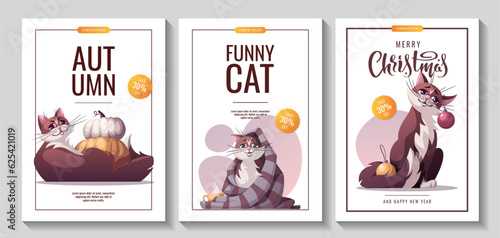 Set of flyers with cat and pumpkins, cat sitting with blanket and teacup, cat and christmas balls. Pet, kitty, domestic life, animal concept. Vector illustration for banner, promo, sale.