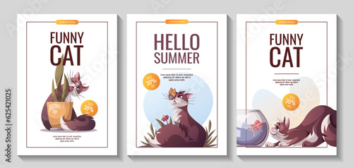 Set of flyers with funny cats and potted plant, butterfly and aquarium fish . Pet, kitty, domestic life, animal concept. Vector illustration for banner, promo, sale. photo