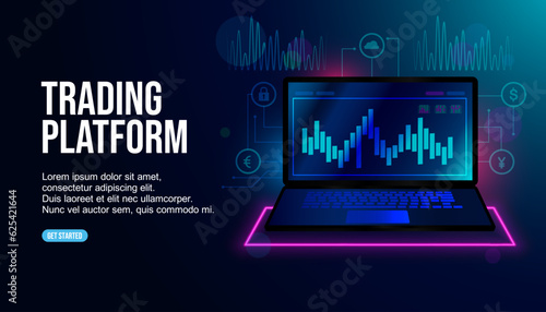 Application on laptop with business analytics data, charts and graphics on perspective laptop. Web banner, concept statistics graphs, investment, trade and finance
