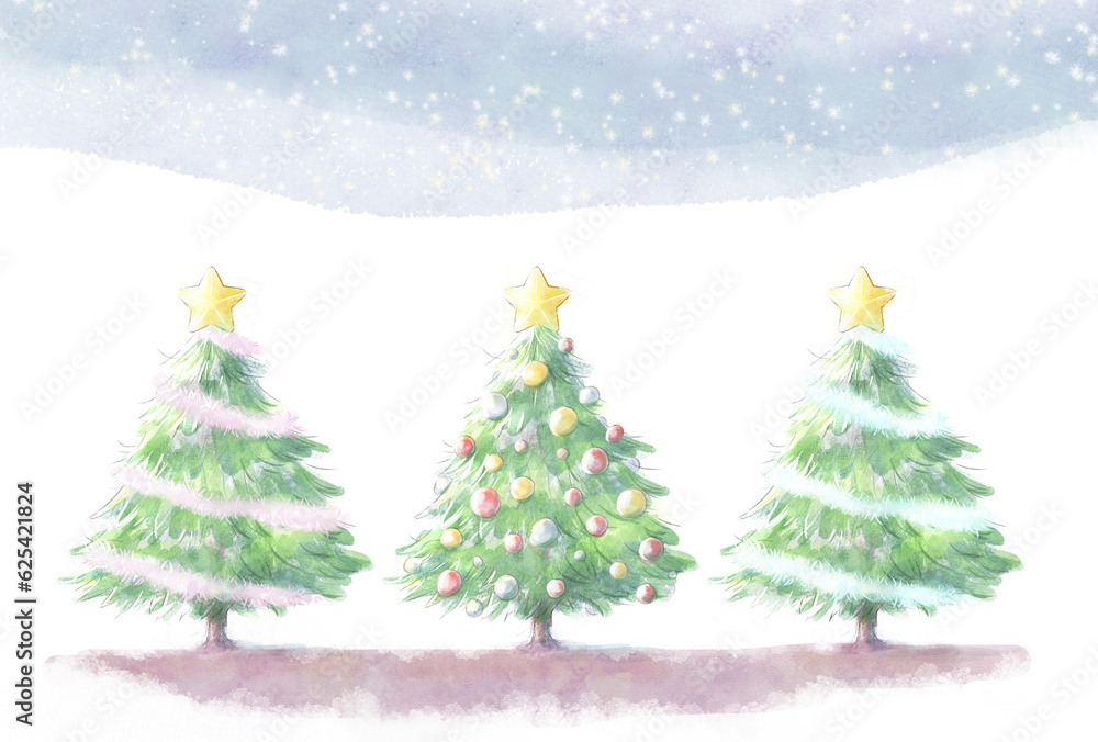 水彩の星空の下にクリスマスツリーが並んだイラスト