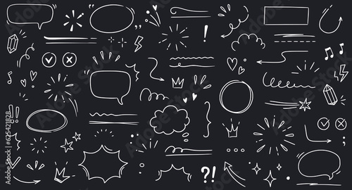 Line highlight brush, text emphasis, underline brush on chalkboard background. Hand drawn scribble highlight, arrow, star sparkle. Text underline drawn, cloud speech bubble. Vector illustration.