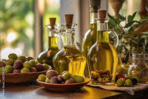 Olive oil in a bottle with black and green olives.Generated with AI