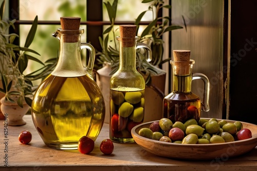 Olive oil in a bottle with black and green olives.Generated with AI