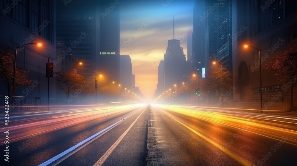 A dramatic foggy or misty road with colorful light from traffic cars through city in the morning sunrise.