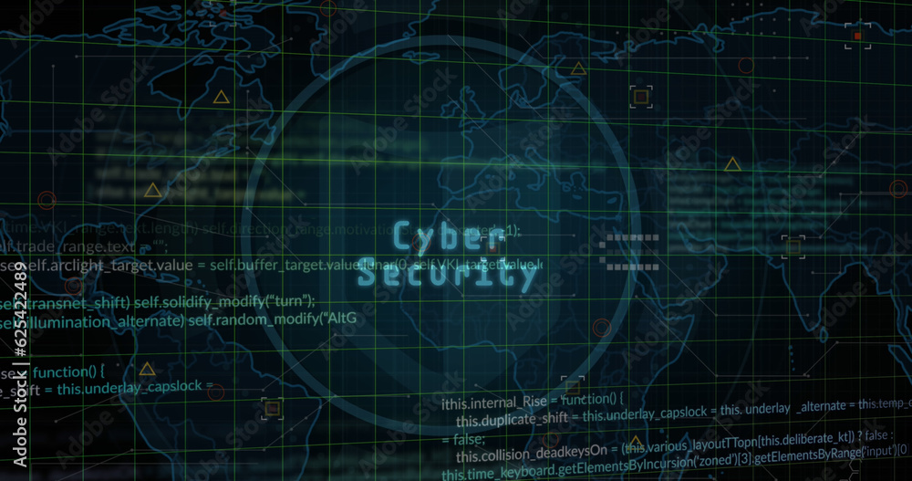 Composite of cyber security text and data processing over screen Composite of cyber security text and data processing over screen