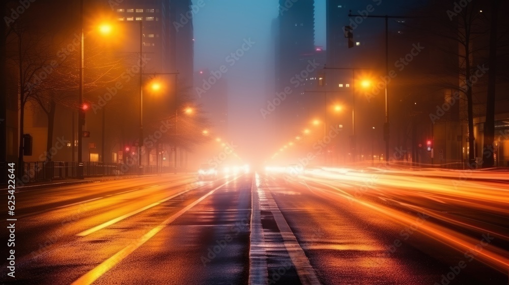 A dramatic foggy or misty road with colorful light from traffic cars through city in the morning sunrise.
