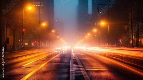 A dramatic foggy or misty road with colorful light from traffic cars through city in the morning sunrise.