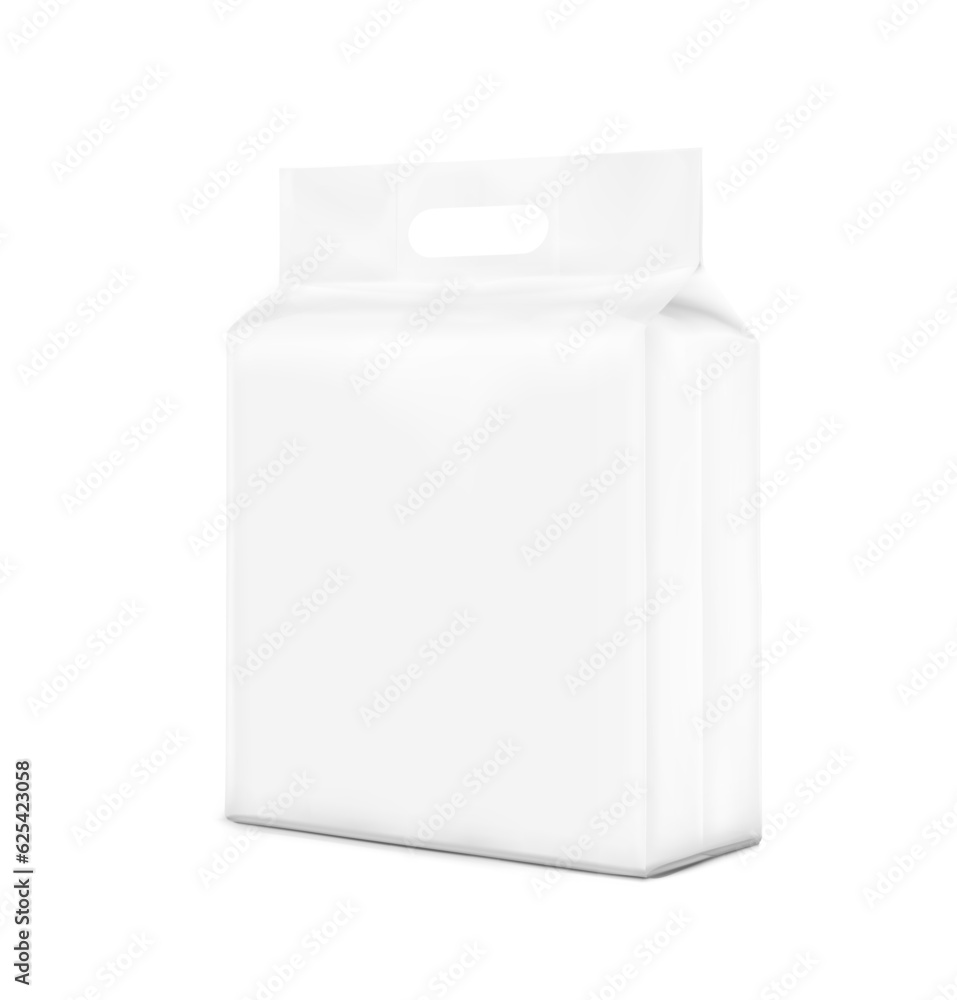 Stand bag with handle mockup. Vector illustration isolated on white background. Half side view. Suite for the presentation of diaper, wet wipes, foods, household, etc. EPS10. Stand bag with handle mockup. Vector illustration isolated on white background. Half side view. Suite for the presentation of diaper, wet wipes, foods, household, etc. EPS10.