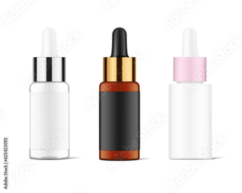 Realistic dropper bottle mockup. Vector illustration isolated on white background. Сan be used for cosmetic, medical and other needs. EPS10.