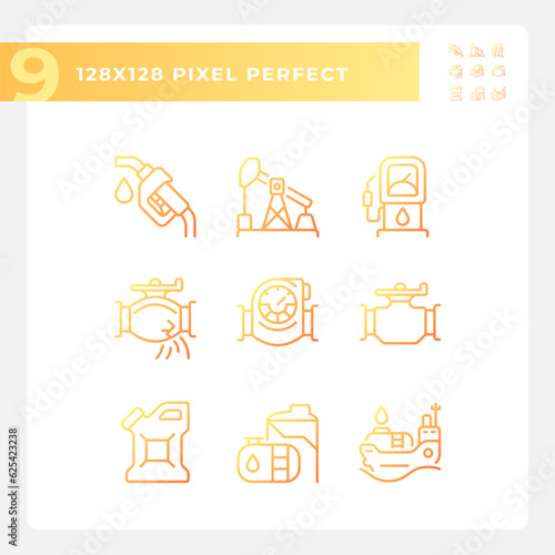 Petroleum industry gradient linear vector icons set. Oil and gas production. Pipeline transport. Fossil fuel. Thin line contour symbol designs bundle. Isolated outline illustrations collection