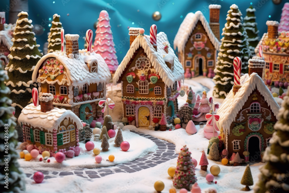 gingerbread village with cute cookie houses. Generative AI
