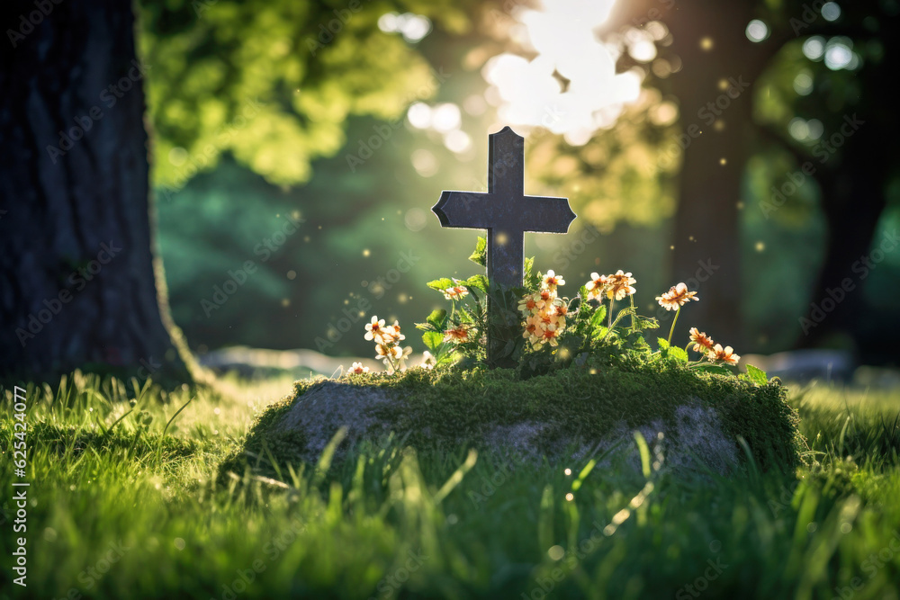 Small cross shaped grave stone, Generative AI Small cross shaped grave stone, Generative AI